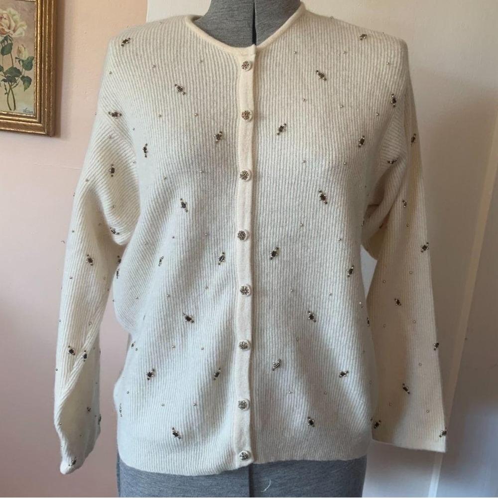 Marisa Christina Classics Beaded Lambswool Angora Cardigan Cream Medium